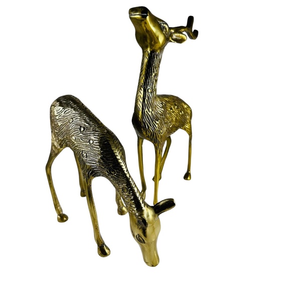 Set of Two Solid, Brass, Reindeer, Figurines, Statues Mid Century